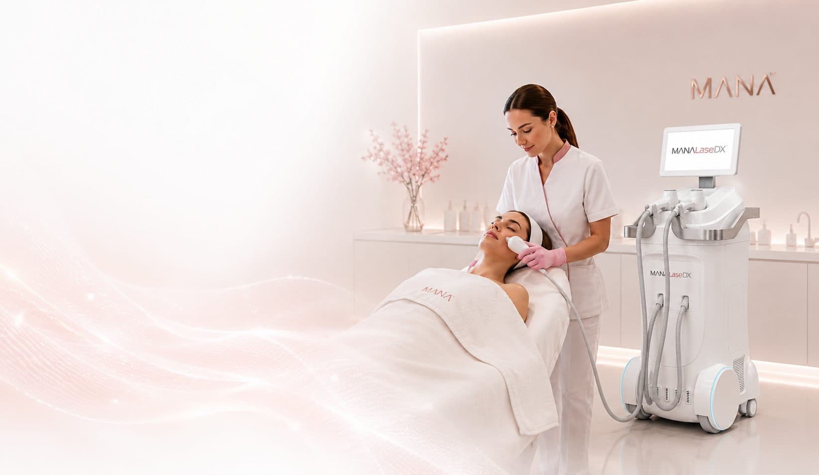 A clinician performs a facial treatment using the MANALaseDX device in a bright MANA clinic setting.