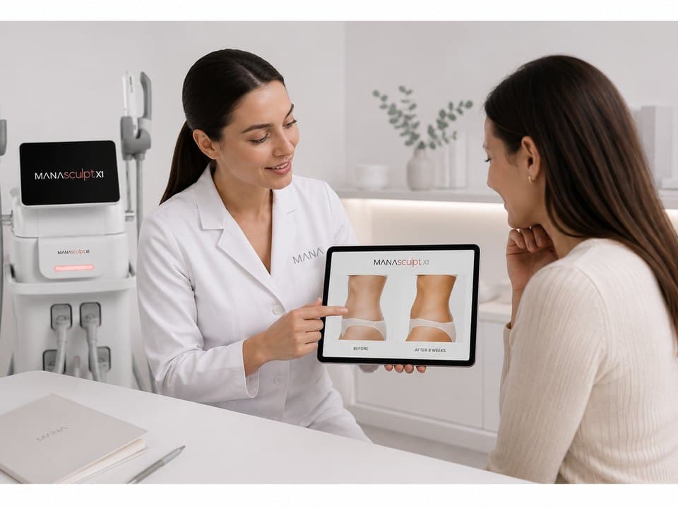 A body contouring consultation beside MANA SCULPT X1